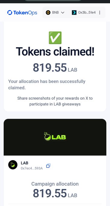 A TokenOps confirmation screen showing 'Tokens claimed! 819.55 LAB' with a note about sharing screenshots on X for giveaways, and the LAB token address visible.