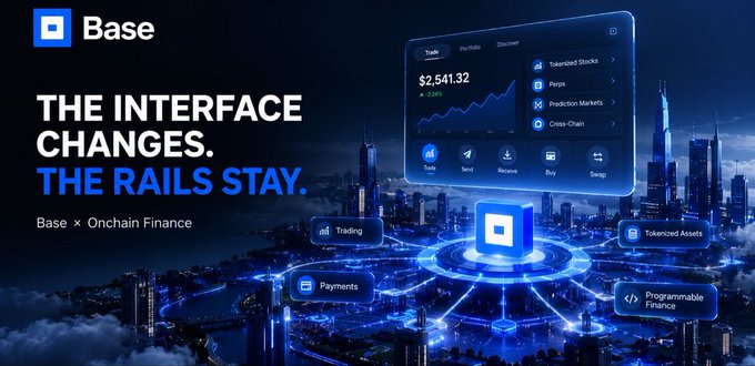 A promotional graphic for Base with the tagline 'The Interface Changes. The Rails Stay,' highlighting 'Base × Onchain Finance' with features like Trading, Tokenized Assets, Payments, and Programmable Finance displayed against a futuristic cityscape.