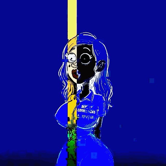 A stylized digital illustration of a woman with wide eyes and an open mouth against a blue background, with 'DEP. CORRECTIONS' written on her shirt, split by a yellow vertical line.