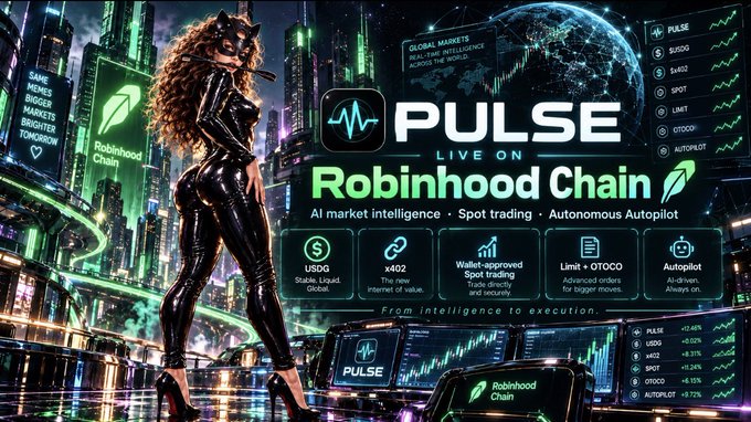 A promotional graphic for "PULSE - LIVE ON Robinhood Chain," featuring a woman in a black latex catsuit and mask against a futuristic neon cityscape, with text highlighting AI market intelligence, spot trading, and autonomous autopilot features, along with a ticker list including $USDG, x402, $SPOT, and LIMIT.