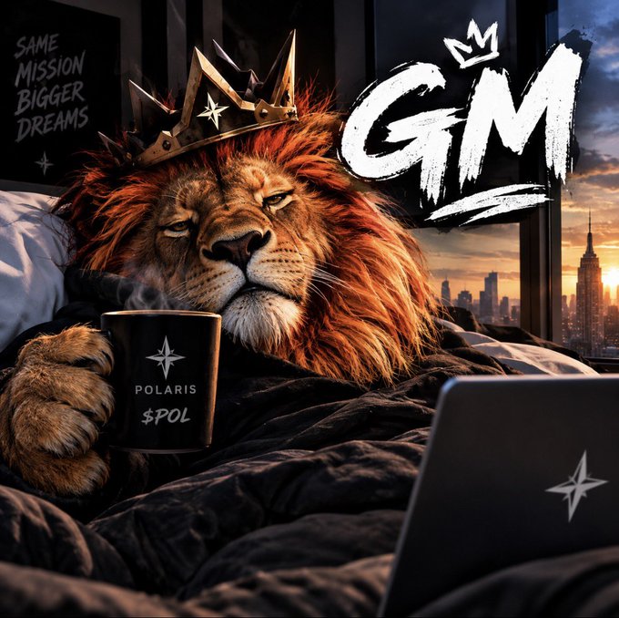 A digital artwork of a lion wearing a golden crown sitting in bed holding a "POLARIS $POL" mug, with "GM" text and a city skyline at sunset in the background.