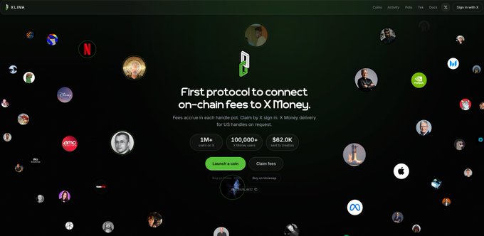 The image shows the homepage of XLink, a crypto protocol with the tagline "First protocol to connect on-chain fees to X Money," displaying statistics of 1M+ users, 100,000+ X Money deliveries, and $62.0K US handles fees. It relates to the post by highlighting the XMoney-related tech launch, where sol chain is praised for its smoother website performance compared to the rb chain's launch two days prior.