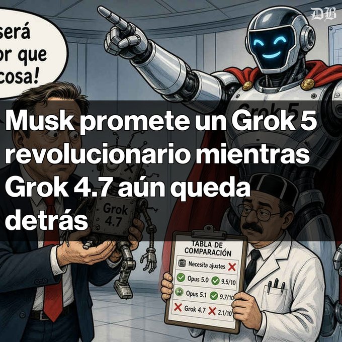 A comic-style illustration shows a man in a suit (Musk) holding a broken, sad "Grok 4.7" robot, while a giant smiling robot labeled "Grok 5" with a red cape points confidently forward, and a doctor-like figure holds a comparison chart showing low scores (Opus 5.0: 9.5/10, Opus 5.1: 9.7/10, Grok 4.7: 2.1/10). The overlaid Spanish text reads "Musk promete un Grok 5 revolucionario mientras Grok 4.7 aún queda detrás," visually reinforcing the post's critique that despite Musk's promises of a revolutionary Grok 5, the current Grok 4.7 still trails far behind competitors like Opus 5.0 and 5.1.