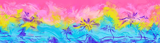 A vibrant, abstract digital artwork featuring stylized tropical flowers in pink, yellow, and purple hues set against a gradient background that transitions from bright pink at the top to turquoise at the bottom.