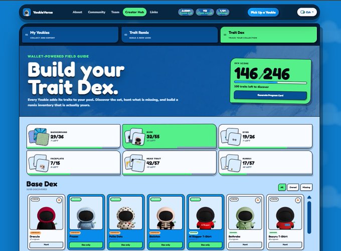 A screenshot of the YoodleWaves website displaying a "Build your Trait Dex" page with Dex Score 146,246 and a collection of astronaut NFT characters shown under the "Base Dex" section.
