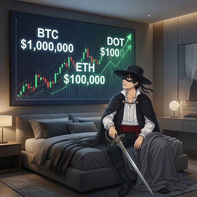 An anime-style character wearing a black hat, mask, and cape sits on a bed holding a sword, with a large screen behind displaying a crypto price chart showing BTC $1,000,000, ETH $100,000, and DOT $100.