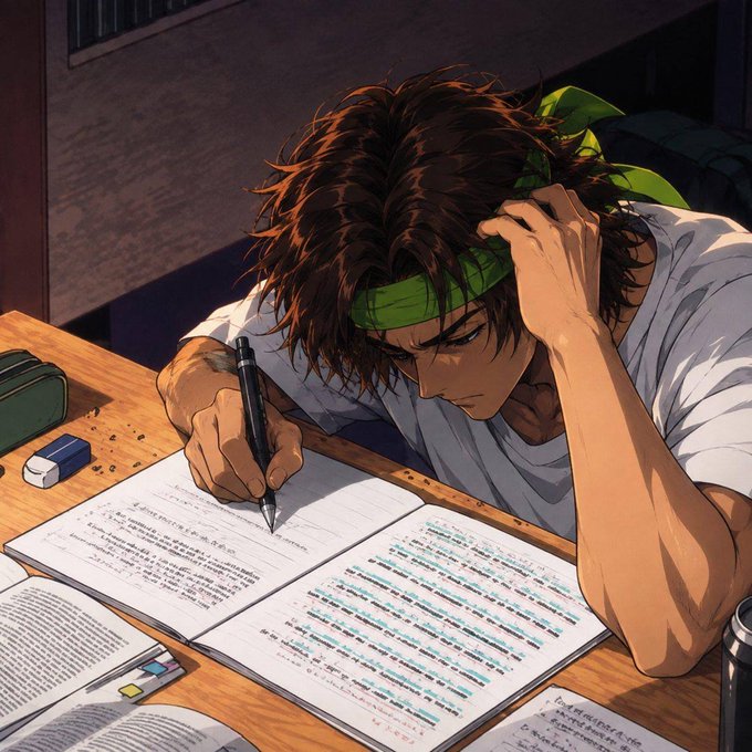 Anime-style artwork of a young man with messy brown hair and a green headband, leaning over a desk and writing in a notebook with a fountain pen, surrounded by study materials.