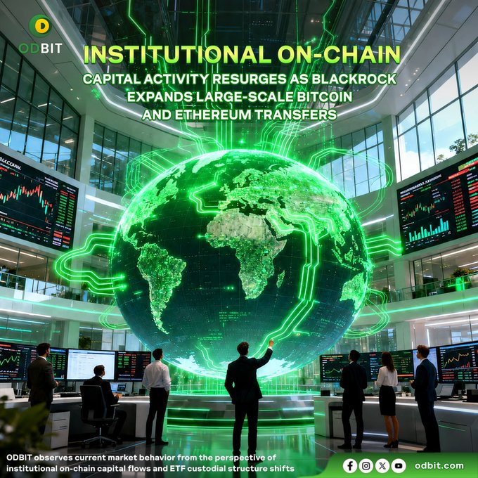 A futuristic trading floor with a glowing green digital globe shows traders monitoring financial charts alongside the headline "INSTITUTIONAL ON-CHAIN: CAPITAL ACTIVITY RESURGES AS BLACKROCK EXPANDS LARGE-SCALE BITCOIN AND ETHEREUM TRANSFERS," with the ODBIT logo and website (odbit.com) displayed, visually reinforcing the post's theme of BlackRock's expanded BTC and ETH transfers and elevated ETF custodial flows.