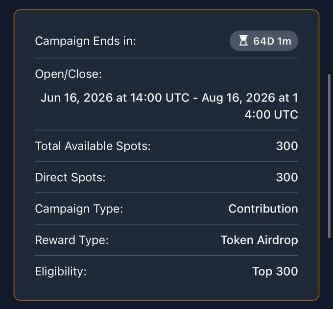 The image shows a campaign status screen with information about an open/closed campaign, total available spots, direct spots, contribution, token airdrop rewards, and duration of the campaign. The text in the image reads "Campaign Ends in 64M m" which indicates that the campaign has ended and the results have been collected.
