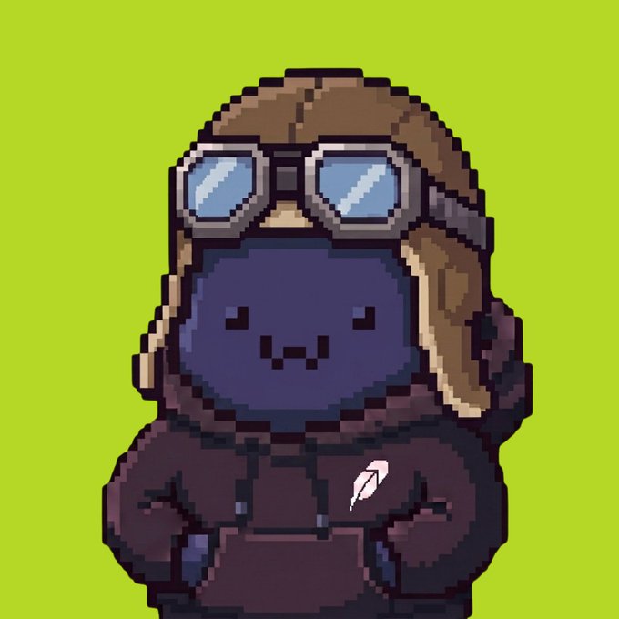 A pixel art illustration of a round dark purple/blue character wearing a brown aviator hat with goggles and a pilot's jacket, featuring a small smile, set against a bright green background.