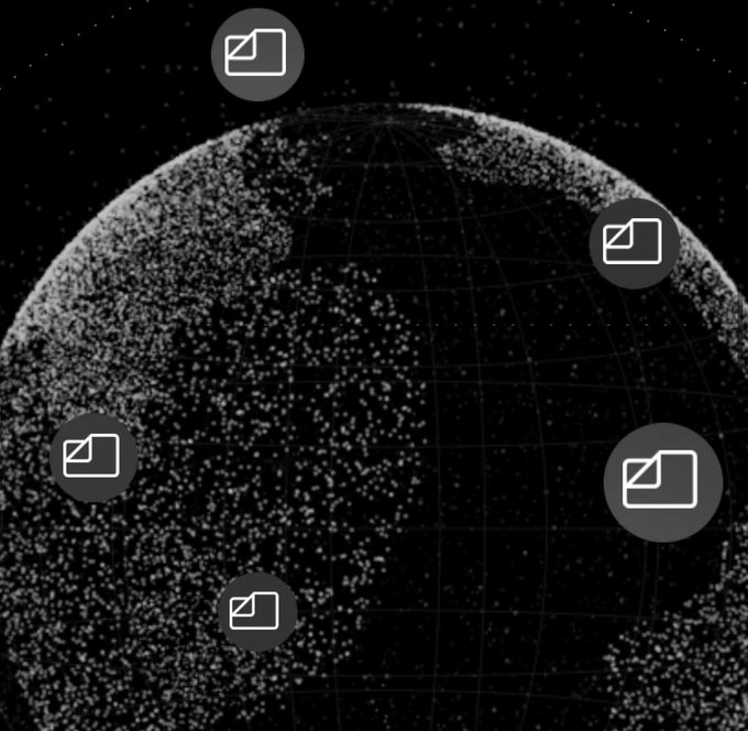 A stylized image of Earth in black and white against a starry background, surrounded by five folder icons distributed across its surface.