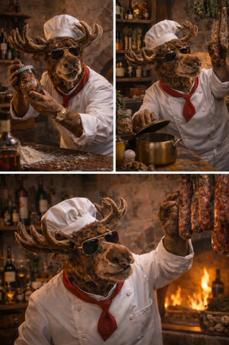 A moose chef in a white toque, red neckerchief, and sunglasses stirs a pot and inspects cured meats in a rustic kitchen—playfully suggesting the curator's "recipe" of trusted financial accounts to follow. The whimsical imagery mirrors the post's spirit of blending serious market insight with a lighthearted endorsement.