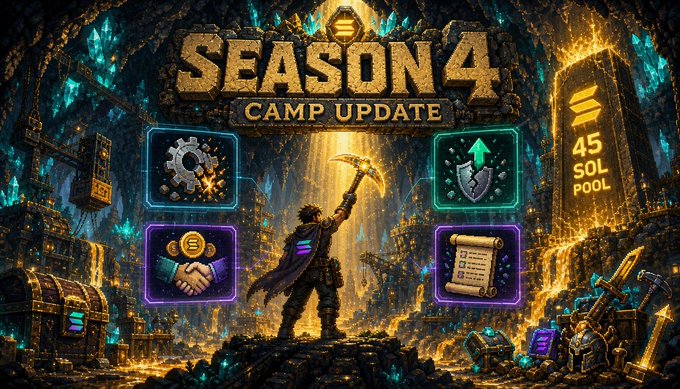 A promotional graphic titled "SEASON 4 CAMP UPDATE" showcases a central figure holding a pickaxe in a golden, cavernous setting, surrounded by icons and text including "45 SOL POOL."