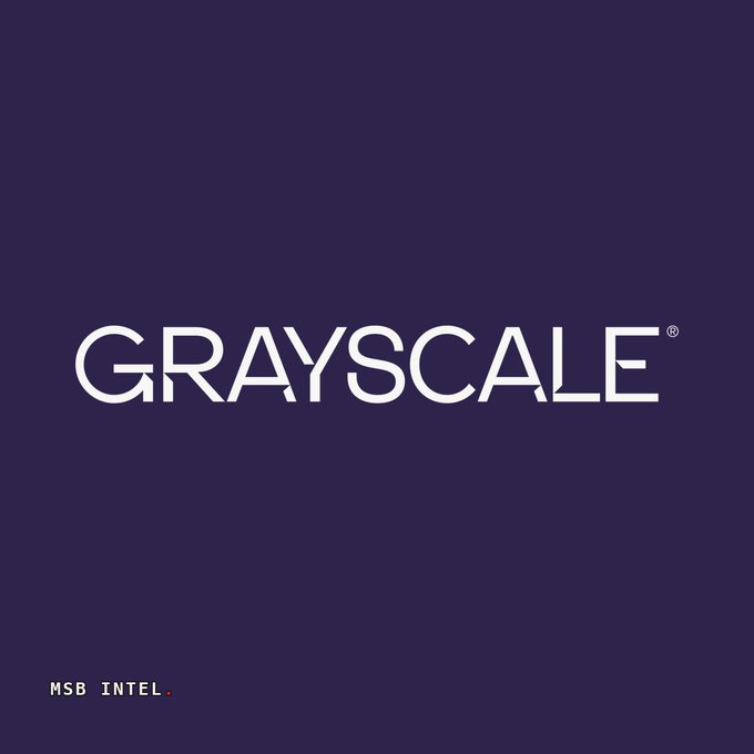 The image displays the Grayscale logo in white text on a dark purple background, with "MSB INTEL." labeled in the bottom left corner. It visually brands the breaking news about Grayscale's push for a Senate floor vote on the CLARITY Act, tying the company's identity to its advocacy for cryptocurrency legislation and investor protections.