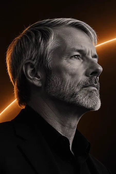 A side profile portrait of a silver-haired, bearded man in a dark jacket against a moody background with an orange glowing line, complementing the post's reference to Michael Saylor's interview about the future of money, capital, and AI.

**Key visual note:** The image appears to depict Michael Saylor, the MicroStrategy ($MSTR) executive whose insights on Bitcoin and AI are referenced in the post.