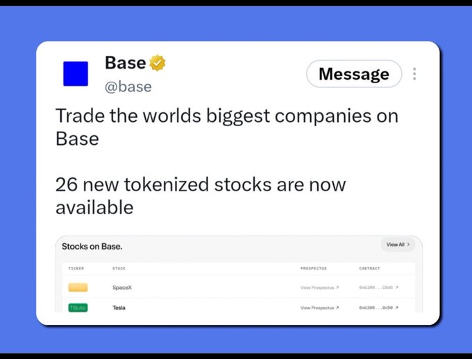 A social media post from verified account "Base" (@base) announces "26 new tokenized stocks are now available" for trading, showing SpaceX and Tesla as examples on the platform.