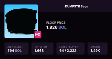 A dashboard displays "DUMPSTR Bags" with a floor price of 1.926 SOL, showing an all-volume of 594 SOL, rarity rank of 1,668, listed supply of 64/2,222, and 1.49K owners, highlighting the NFT collection's post-mint performance as referenced in the tweet celebrating 50+ mints secured for MintedNFTs members during the FCFS phase.