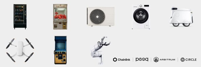A collage of robotics equipment—including a drone, wine cooler, AC unit, washing machine, suitcase, ATM, vending machine, and robotic prosthetic arm—alongside logos for Chainlink, peaq, Arbitrum, and Circle, illustrating the tokenization of cash-flow-generating robotics into blockchain-based vaults as described in the post.