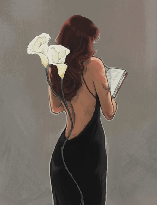 The image features a woman wearing a black dress, holding an open book with white flowers attached to her hair. The background of the image is gray, which contrasts with the vibrant colors of the flowers and the woman's dress. The caption for this image reads "Gm “Discovery” only 5 ed ~ 38 tez objkt.com/tokens/KT1X2ZM".