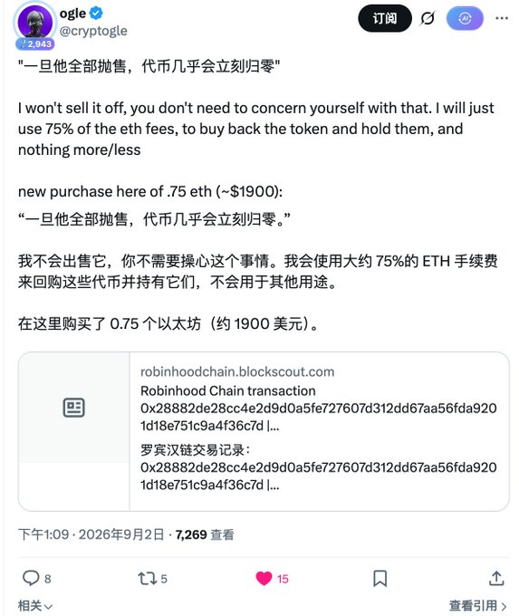 A tweet from user @cryptogle stating 'I won't sell it off... I will just use 75% of the eth fees, to buy back the token', dated 2026年9月2日, with a linked Robinhood Chain blockchain transaction for 0.75 ETH (~$1900).