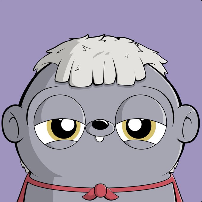 A cartoon illustration of a grey character with shaggy white/grey hair, large yellow eyes, a small buck tooth, and a red scarf on a purple background.