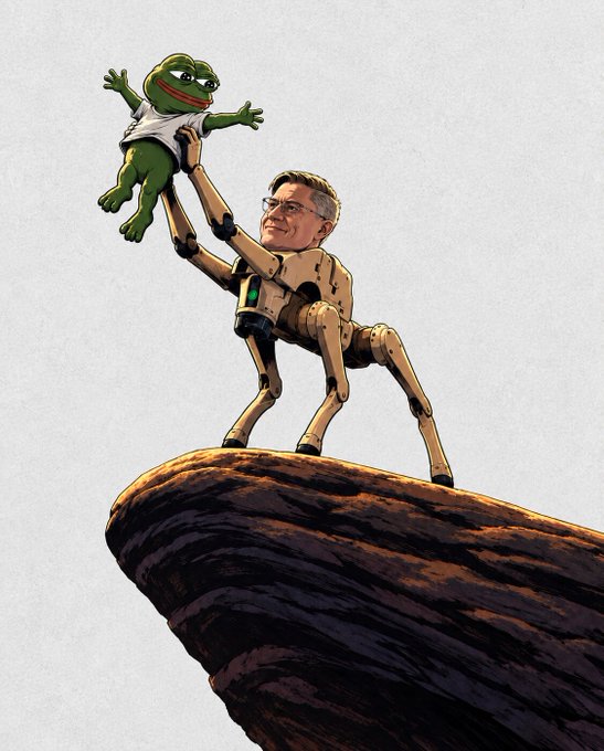 The illustration depicts a man with glasses whose body is a wooden artist's mannequin, standing on a cliff and holding aloft the cartoon Pepe the Frog in a manner reminiscent of Rafiki lifting Simba in "The Lion King." The post's caption "PEPE IS LOVE 💚" ties directly into the iconic, reverential pose, framing Pepe as a beloved and symbolic figure being proudly raised.