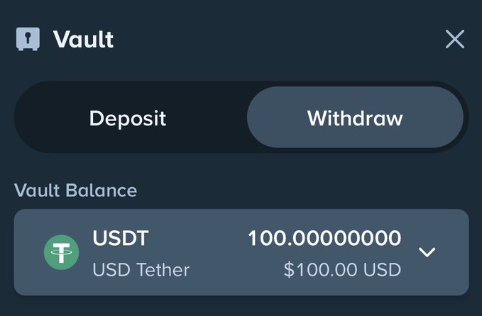 The image shows a "Vault" interface with options to "Deposit" or "Withdraw," displaying a vault balance of 100.00000000 USDT (USD Tether) valued at $100.00 USD, likely representing a withdrawal or deposit on Stake after waiting for a birthday bonus.