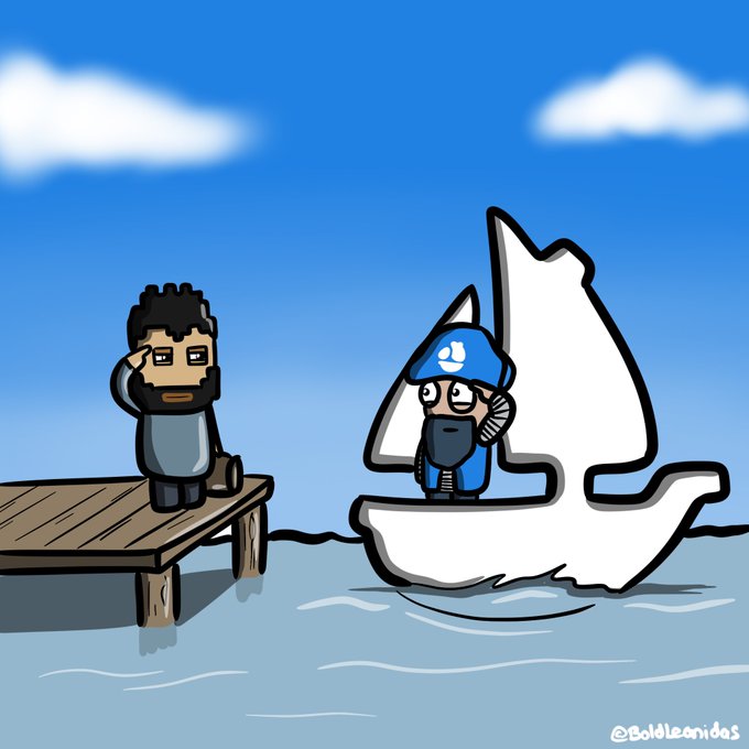 A cartoon character in a blue captain's hat sails away from a wooden dock on a white paper boat, while another figure watches and salutes from the pier, symbolizing a departure or goodbye.

The watermark reads "@BoldLeonidas" in the bottom right corner.