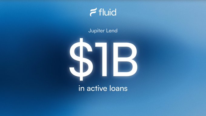 A blue promotional graphic for Fluid announces Jupiter Lend has reached $1B in active loans, with the Fluid logo at the top.