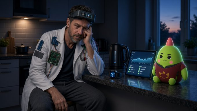 A weary man sits in a dim kitchen wearing a headband device with circuit boards patched onto his white coat, a smartwatch glowing on his wrist next to a tablet showing sleep/activity graphs, and a small green plush mascot resembling @sleepagotchi. The image visually embodies the post's message: existing wearables capture sleep data but leave recovery unrealized—until the sleepagotchi concept steps in to turn passive tracking into action on restless nights.