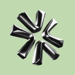 Chrome 3D eight-pointed asterisk or star symbol on a sage green background.