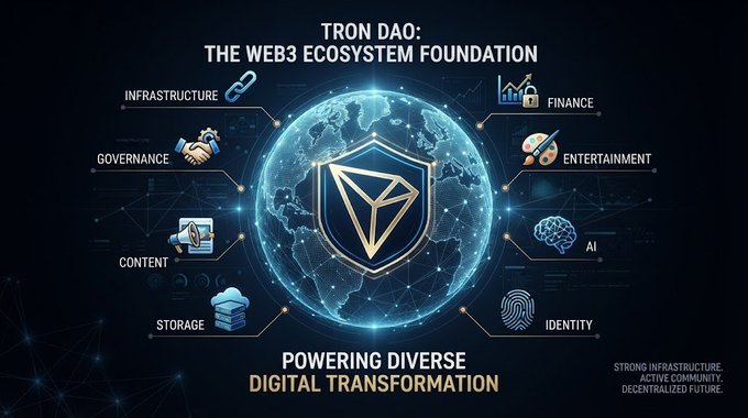 An infographic titled 'TRON DAO: THE WEB3 ECOSYSTEM FOUNDATION' displays a central globe surrounded by icons for Infrastructure, Finance, Governance, Entertainment, Content, AI, Storage, and Identity, with the text 'POWERING DIVERSE DIGITAL TRANSFORMATION'.