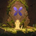 A small, glowing fox-like creature sits before a stone archway inscribed with a blue butterfly symbol, surrounded by moss and candles in a fantasy setting.