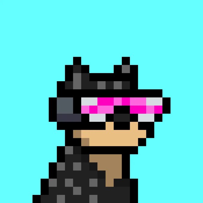 Pixel art depiction of a dark, cat-like creature wearing pink visor sunglasses against a teal background.