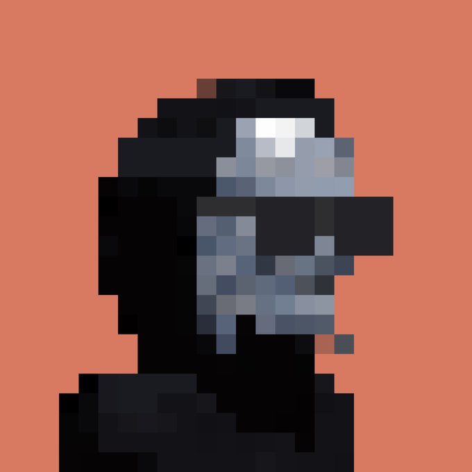 Pixel art portrait of a figure wearing dark sunglasses and a beanie against a terracotta background.