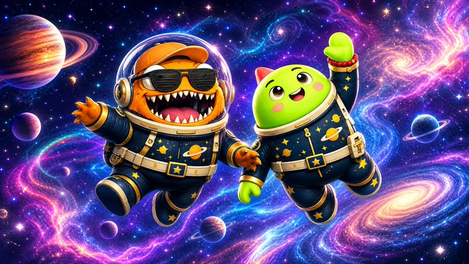 Two cartoon characters, one orange dinosaur-like creature wearing sunglasses and an orange cap, and one green round creature, both in blue astronaut suits float through a colorful galaxy filled with planets, stars, and nebulas.