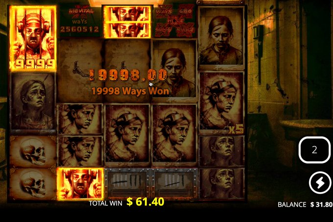 A screenshot of a slot machine game with a horror/zombie theme showing a $9,998.00 win ('19998 Ways Won'), a total win of $61.40, and a balance of $31.80.