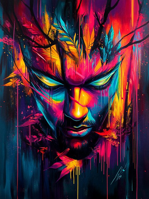 A vibrant, psychedelic digital painting of a face with closed eyes, rendered in dripping neon colors—pinks, blues, yellows, and purples—with foliage sprouting from the top of the head against a dark background.