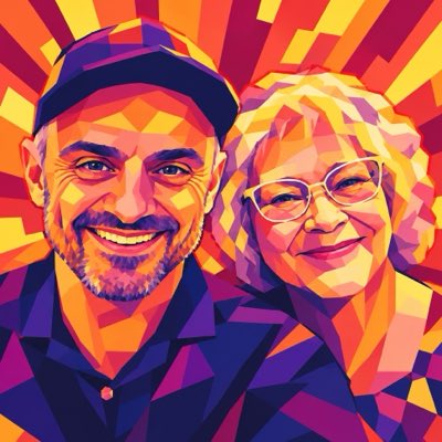 A vibrant pop art style illustration of a smiling couple, a man in a cap and a woman with white hair and glasses, rendered in warm tones with geometric color blocks.