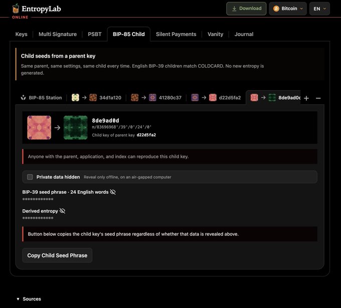 A screenshot of the EntropyLab website displaying a 'BIP-85 Child' key derivation interface, showing a cryptographic key path ending in '8de9ad0d' and a 'Copy Child Seed Phrase' button.