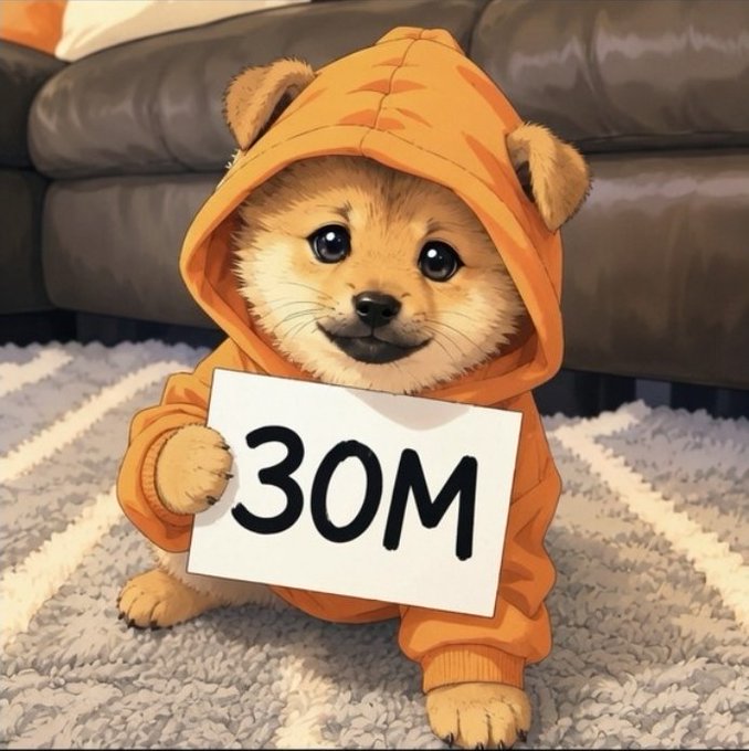 An illustrated dog wearing an orange hoodie holds a white sign reading '30M' while sitting on a gray striped rug.