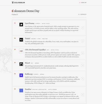 A screenshot of the Colosseum Demo Day webpage, listing crypto projects including Lazo Finance, Tradel, OD, ODL (On-Demand Liquidity), Hound, Stablecorp, and Zircuit, categorized by sponsor.