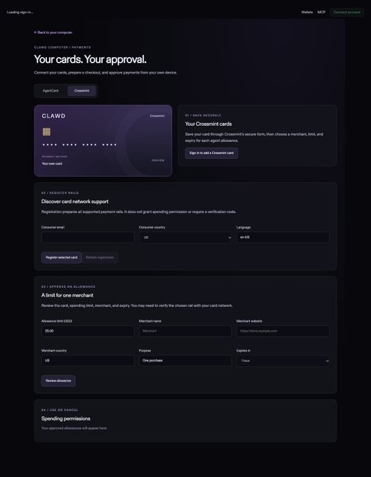 A loading screen for a crypto payments platform displaying 'Your Cards. Your approval.' with options for AgentCard and Cowpayr, alongside sections to 'Discover card network support' and 'A limit for one merchant'.