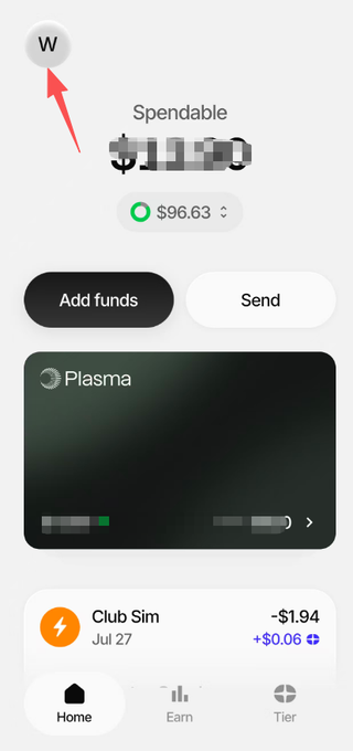 A mobile app wallet interface showing a 'Spendable' balance of $96.63 with 'Add funds' and 'Send' buttons, and a red arrow pointing to a profile icon labeled 'W' in the top-left corner.
