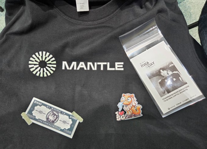 A black 'MANTLE' t-shirt laid flat with a logo, two 'CS MANTLE' $1000 novelty bills taped on top, a 'SRT RWA Day' zine in a plastic sleeve, and a cartoon patch.