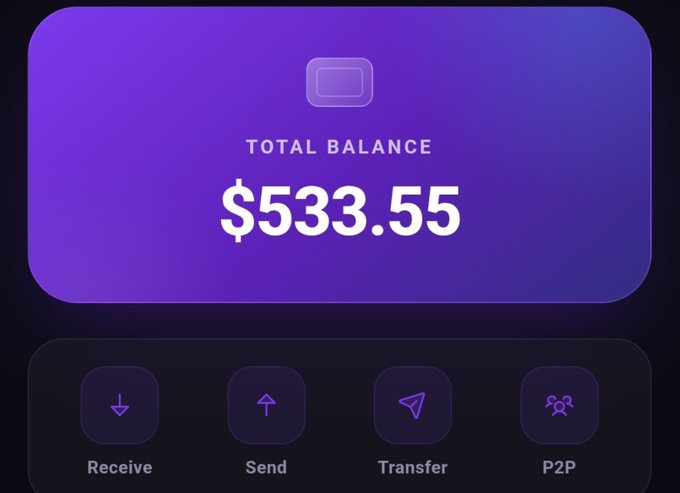 A digital wallet interface with a purple gradient background displaying a total balance of $533.55, with navigation buttons for Receive, Send, Transfer, and P2P.