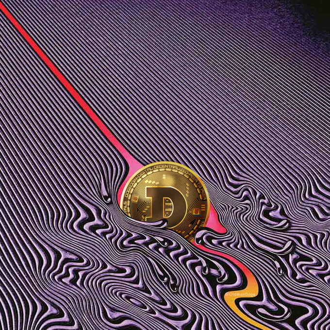 A stylized digital artwork featuring a Dogecoin coin with a 'D' logo partially submerged in swirling purple and black wavy patterns, with a pink/red line cutting diagonally across the composition. The artist's watermark 'YoldManDead' is visible.