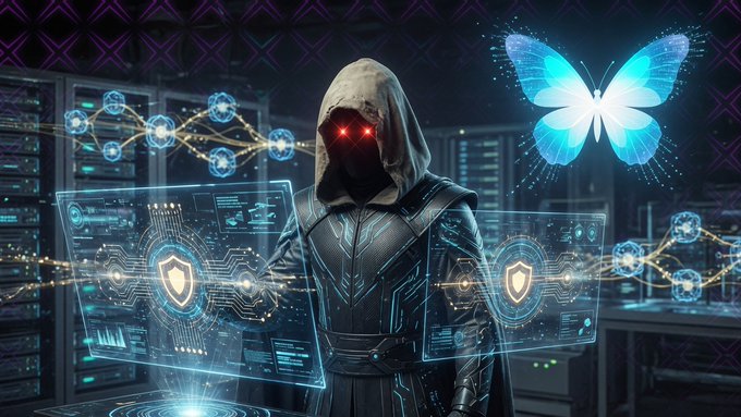 A dark sci-fi digital artwork of a hooded figure with glowing red eyes standing among floating holographic shields, circuit boards, and a glowing blue butterfly hologram in a server room.