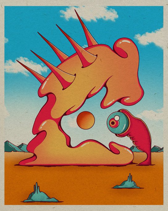 Surreal vintage-style poster featuring an abstract orange spiked shape and a red creature with one large eye set against a desert landscape under a blue sky.