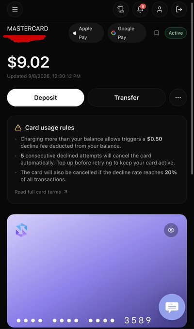 A mobile banking app screenshot showing a Mastercard with a $9.02 balance, last updated 9/8/2026, with Deposit/Transfer options and card usage rules noting a $0.50 decline fee and automatic cancellation after 5 consecutive declined attempts.